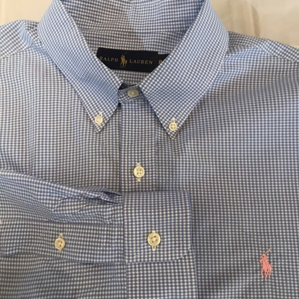 RALPH LAUREN Mens‎ XL Pink Logo Horse Blue/White Check Button Up Shirt Workwear